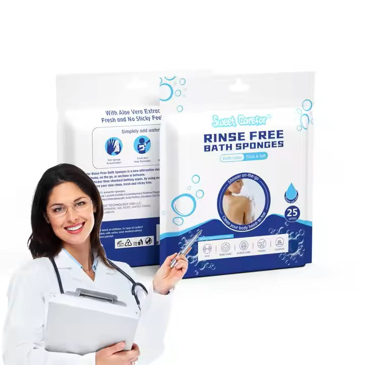 Sweet Carefor Rinse-Free Bath Sponge Wipes – Instant Body Wash for Sports, Camping, Festivals & Bedridden Care (25 Pack)